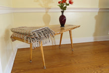 Load image into Gallery viewer, live edge spalted maple table or bench. Handcrafted slab combined with repurposed danish modern, Paul McCobb style tapered legs for a unique mid-century modern look.