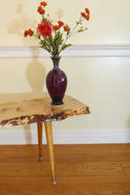 Load image into Gallery viewer, live edge spalted maple table or bench. Handcrafted slab combined with repurposed danish modern, Paul McCobb style tapered legs for a unique mid-century modern look.