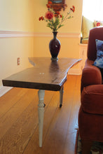 Load image into Gallery viewer, ive edge black walnut side or sofa table, with crotch slab and distressed white legs. three-legged. modern, handrafted and unique