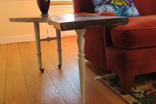 Load image into Gallery viewer, ive edge black walnut side or sofa table, with crotch slab and distressed white legs. three-legged. modern, handrafted and unique