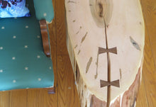 Load image into Gallery viewer, live edge side or accent table comprised of a beautiful bias cut spalted ambrosia maple ccent table. Unique oval shape, handcrafted and on hand forged hairpin legs for a mid-century modern look