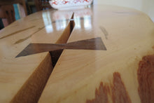 Load image into Gallery viewer, live edge side or accent table comprised of a beautiful bias cut spalted ambrosia maple ccent table. Unique oval shape, handcrafted and on hand forged hairpin legs for a mid-century modern look