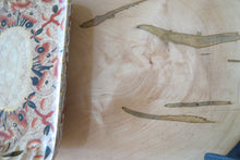 Load image into Gallery viewer, live edge side or accent table comprised of a beautiful bias cut spalted ambrosia maple ccent table. Unique oval shape, handcrafted and on hand forged hairpin legs for a mid-century modern look