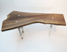 Load image into Gallery viewer, ive edge black walnut side or sofa table, with crotch slab and distressed white legs. three-legged. modern, handrafted and unique