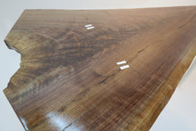 Load image into Gallery viewer, ive edge black walnut side or sofa table, with crotch slab and distressed white legs. three-legged. modern, handrafted and unique
