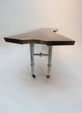 Load image into Gallery viewer, ive edge black walnut side or sofa table, with crotch slab and distressed white legs. three-legged. modern, handrafted and unique