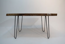 Load image into Gallery viewer, live edge walnut side or accent table with hand forged hairpin legs.  Handcrafted, for a cool mid century modern look