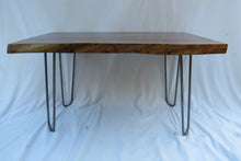 Load image into Gallery viewer, live edge walnut side or accent table with hand forged hairpin legs.  Handcrafted, for a cool mid century modern look