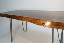 Load image into Gallery viewer, live edge walnut side or accent table with hand forged hairpin legs.  Handcrafted, for a cool mid century modern look