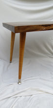 Load image into Gallery viewer, live edge, danish modern-style side or accent table in black walnut slab. Table has repurposed Paul McCobb-style tapered legs danish for a cool mid century modern look