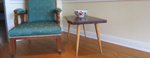 Load image into Gallery viewer, live edge, danish modern-style side or accent table in black walnut slab. Table has repurposed Paul McCobb-style tapered legs danish for a cool mid century modern look
