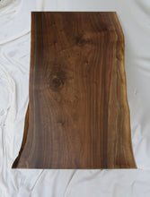 Load image into Gallery viewer, live edge walnut side or accent table with hand forged hairpin legs.  Handcrafted, for a cool mid century modern look