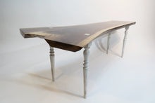 Load image into Gallery viewer, unique hancrafted live edge table in black walnut. Coffee table comprises beautiful crotch slab with white distressed legs that are through-tenoned for a modern look