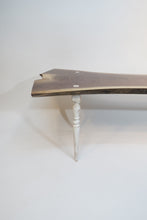 Load image into Gallery viewer, unique hancrafted live edge table in black walnut. Coffee table comprises beautiful crotch slab with white distressed legs that are through-tenoned for a modern look