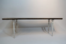 Load image into Gallery viewer, unique hancrafted live edge table in black walnut. Coffee table comprises beautiful crotch slab with white distressed legs that are through-tenoned for a modern look