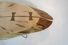 Load image into Gallery viewer, live edge side or accent table comprised of a beautiful bias cut spalted ambrosia maple ccent table. Unique oval shape, handcrafted and on hand forged hairpin legs for a mid-century modern look