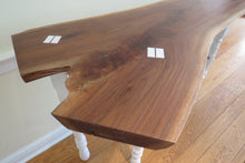 Load image into Gallery viewer, live edge black walnut console or hall table, comprising intricate crotch slab and distressed, upcycled white legs.  Unique, hancrafted, three-legged, cantilevered design