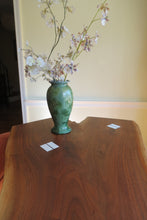 Load image into Gallery viewer, live edge black walnut console or hall table, comprising intricate crotch slab and distressed, upcycled white legs.  Unique, hancrafted, three-legged, cantilevered design