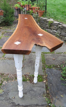Load image into Gallery viewer, live edge black walnut console or hall table, comprising intricate crotch slab and distressed, upcycled white legs.  Unique, hancrafted, three-legged, cantilevered design