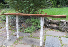 Load image into Gallery viewer, live edge black walnut console or hall table, comprising intricate crotch slab and distressed, upcycled white legs.  Unique, hancrafted, three-legged, cantilevered design