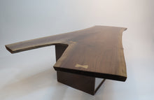 Load image into Gallery viewer, unique live edge coffee table, comprised of stunning black walnut crotch slab, atop steel, industrial-style cube.  Handcrafted,  unique and modern piece