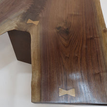 Load image into Gallery viewer, unique live edge coffee table, comprised of stunning black walnut crotch slab, atop steel, industrial-style cube.  Handcrafted,  unique and modern piece