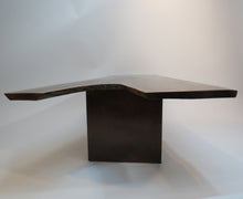 Load image into Gallery viewer, unique live edge coffee table, comprised of stunning black walnut crotch slab, atop steel, industrial-style cube.  Handcrafted,  unique and modern piece