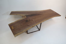 Load image into Gallery viewer, unique live edge coffee table, comprised of stunning black walnut crotch slab, atop steel, industrial-style cube.  Handcrafted,  unique and modern piece