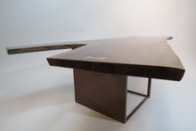 Load image into Gallery viewer, unique live edge coffee table, comprised of stunning black walnut crotch slab, atop steel, industrial-style cube.  Handcrafted,  unique and modern piece
