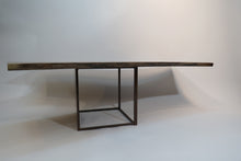 Load image into Gallery viewer, unique live edge coffee table, comprised of stunning black walnut crotch slab, atop steel, industrial-style cube.  Handcrafted,  unique and modern piece