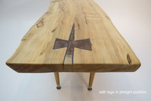 Load image into Gallery viewer, live edge spalted maple table or bench. Handcrafted slab combined with repurposed danish modern, Paul McCobb style tapered legs for a unique mid-century modern look.