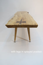 Load image into Gallery viewer, live edge spalted maple table or bench. Handcrafted slab combined with repurposed danish modern, Paul McCobb style tapered legs for a unique mid-century modern look.