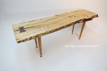 Load image into Gallery viewer, live edge spalted maple table or bench. Handcrafted slab combined with repurposed danish modern, Paul McCobb style tapered legs for a unique mid-century modern look.