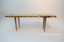 Load image into Gallery viewer, live edge spalted maple table or bench. Handcrafted slab combined with repurposed danish modern, Paul McCobb style tapered legs for a unique mid-century modern look.