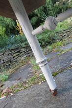 Load image into Gallery viewer, ive edge black walnut side or sofa table, with crotch slab and distressed white legs. three-legged. modern, handrafted and unique