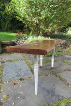 Load image into Gallery viewer, ive edge black walnut side or sofa table, with crotch slab and distressed white legs. three-legged. modern, handrafted and unique
