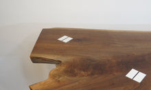 Load image into Gallery viewer, live edge black walnut console or hall table, comprising intricate crotch slab and distressed, upcycled white legs.  Unique, hancrafted, three-legged, cantilevered design