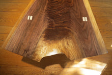 Load image into Gallery viewer, unique hancrafted live edge table in black walnut. Coffee table comprises beautiful crotch slab with white distressed legs that are through-tenoned for a modern look