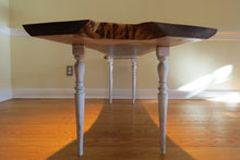 Load image into Gallery viewer, unique hancrafted live edge table in black walnut. Coffee table comprises beautiful crotch slab with white distressed legs that are through-tenoned for a modern look