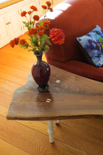Load image into Gallery viewer, ive edge black walnut side or sofa table, with crotch slab and distressed white legs. three-legged. modern, handrafted and unique