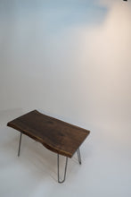 Load image into Gallery viewer, live edge walnut side or accent table with hand forged hairpin legs.  Handcrafted, for a cool mid century modern look