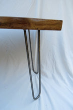 Load image into Gallery viewer, live edge walnut side or accent table with hand forged hairpin legs.  Handcrafted, for a cool mid century modern look