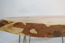 Load image into Gallery viewer, live edge side or accent table comprised of a beautiful bias cut spalted ambrosia maple ccent table. Unique oval shape, handcrafted and on hand forged hairpin legs for a mid-century modern look