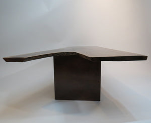 unique live edge coffee table, comprised of stunning black walnut crotch slab, atop steel, industrial-style cube.  Handcrafted,  unique and modern piece 