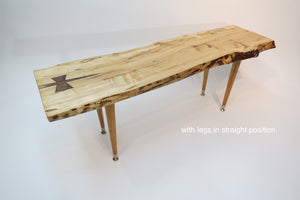 live edge spalted maple table or bench. Handcrafted slab combined with repurposed danish modern, Paul McCobb style tapered legs for a unique mid-century modern look.