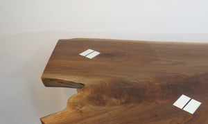 live edge black walnut console or hall table, comprising intricate crotch slab and distressed, upcycled white legs.  Unique, hancrafted, three-legged, cantilevered design