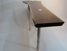 Load image into Gallery viewer, live edge black walnut console or hall table, comprising intricate crotch slab and distressed, upcycled white legs.  Unique, hancrafted, three-legged, cantilevered design