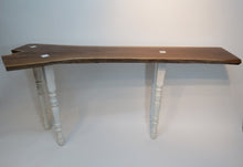 Load image into Gallery viewer, live edge black walnut console or hall table, comprising intricate crotch slab and distressed, upcycled white legs.  Unique, hancrafted, three-legged, cantilevered design